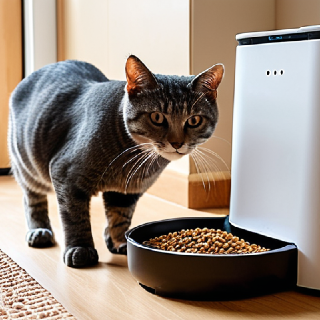 A cozy modern Vietnamese living room bathed in soft, natural light. A sleek, smart automatic pet feeder stands prominently, dispensing kibble into a bowl for a contented, healthy cat. A Vietnamese person, looking relaxed and smiling, is in the background, perhaps reading or working on a laptop, embodying the peace of mind and convenience brought by automated pet care. The atmosphere is calm and inviting.