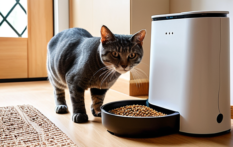 A cozy modern Vietnamese living room bathed in soft, natural light. A sleek, smart automatic pet feeder stands prominently, dispensing kibble into a bowl for a contented, healthy cat. A Vietnamese person, looking relaxed and smiling, is in the background, perhaps reading or working on a laptop, embodying the peace of mind and convenience brought by automated pet care. The atmosphere is calm and inviting.